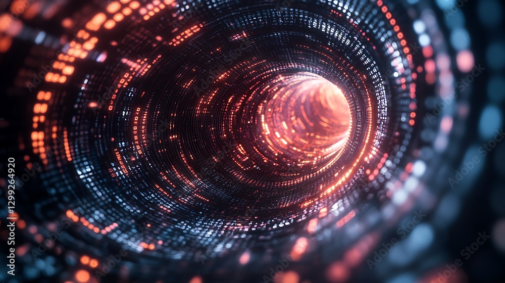 Poster a high-tech background with a swirling vortex of binary code and abstract geometric shapes