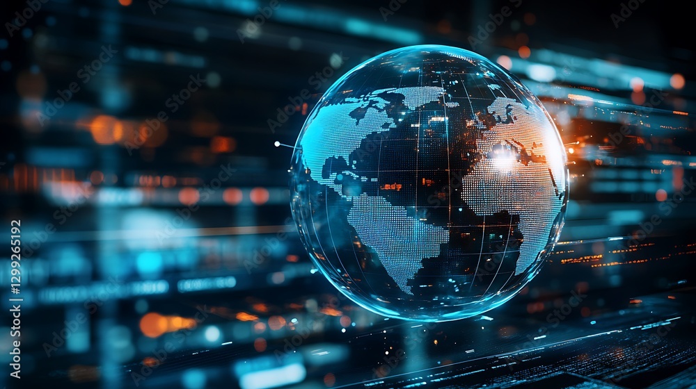 Poster a high-tech background with a floating, transparent sphere displaying interactive data points and gr