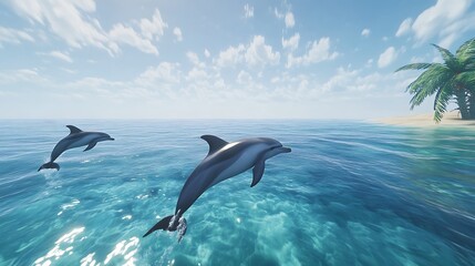 Obraz premium Majestic Dolphin Leaping Through the Ocean in a Calm Evening image