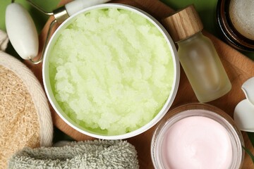 Different body care products on table, flat lay