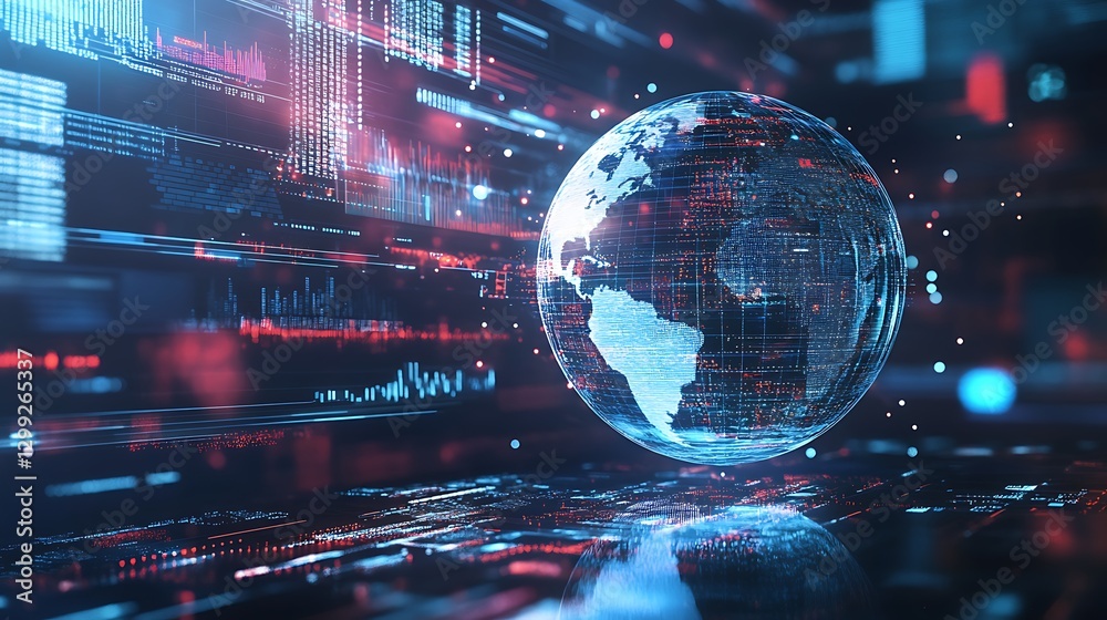 Poster a high-tech background with a floating, transparent sphere displaying interactive data points and gr