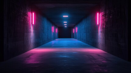 Neon-lit corridor, dark concrete walls, futuristic setting