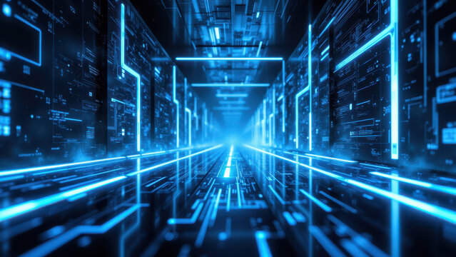 A futuristic depiction of a cloud computing data center with vibrant blue lights and digital interfaces, symbolizing advanced technologies in software development and infrastructure management.