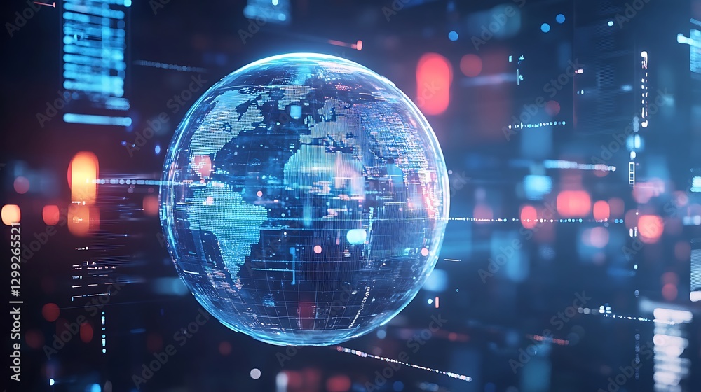Poster a high-tech background with a floating, transparent sphere displaying interactive data points and gr