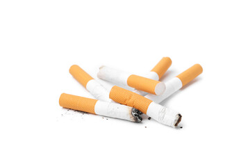 Many cigarette butts isolated on white. Smoking habit