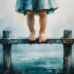 Child's bare feet balance on wet bridge over water. AI image