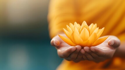 A close-up of a monk's hands holding a lotus flower in Anjali Mudra position. Generative AI
