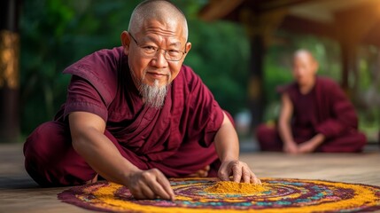 An elderly Buddhist monk adding details to a colorful sand mandala in a tranquil environment. Generative AI