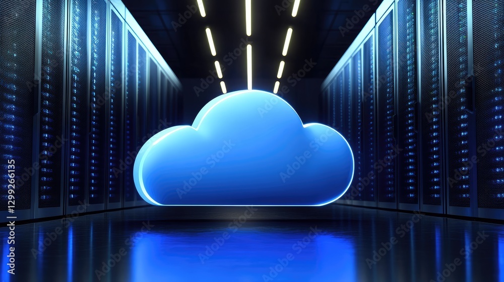 Leinwandbilder futuristic data center with glowing blue cloud symbol, high-tech server racks, and digital lighting.