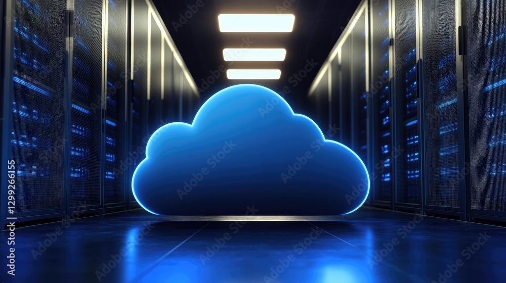 Aufkleber Advanced data center with a glowing blue cloud symbol, illuminated server racks, and modern lighting. Ideal for cloud computing, artificial intelligence, cyber security, and digital storage concepts
