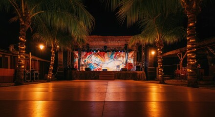 Outdoor tropical stage setup for nighttime event with palm trees