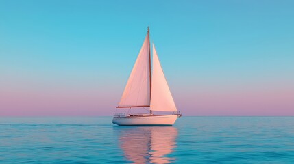 Fototapeta premium Sailboat at sunset, calm sea, pastel sky