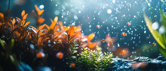 Aquarium with orange plants, fish, and water droplets