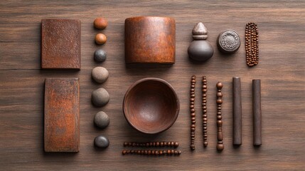 Buddhist ceremonial items with prayer beads bowl and sacred texts on a rustic wooden background. Generative AI