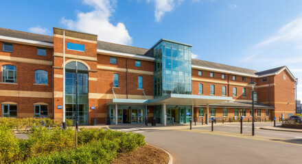 Modern brick building with glass entrance, sunny day