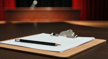 Empty clipboard with paper and pencil on desk in auditorium, ready for notes or speeches