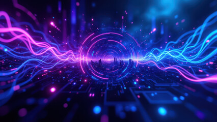 Fototapeta premium A vivid digital illustration depicting a modern data center or cloud computing environment with dynamic lines and neon colors representing technology.