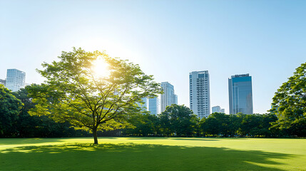 Naklejka premium Lush Green Park Landscape With Trees Under Bright Sunlight And Skyscrapers In The Background