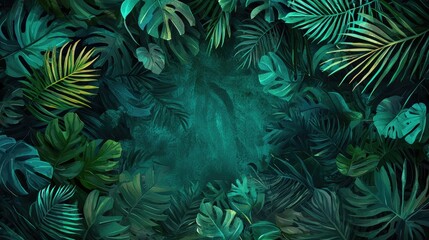 Fototapeta premium Lush tropical foliage frame, dark moody background, nature backdrop, design element