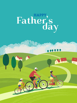 Happy Fathers Day family fun activity poster. Dad and kids, daughter, son ride bikes in countryside background. Parent, children enjoy leisure time together. Fathers Day Adventure illustration