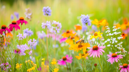 Obraz premium The prairie is a rich tapestry of vibrant wildflowers, their myriad colors attracting bees, butterflies, and other pollinators, embodying the lively and diverse spirit of the vast, open grasslands