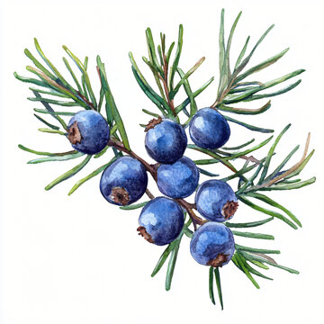 A watercolor juniper berry branch painting illustration isolated on a white background, a juniper berry illustration, painting, AI Painting design.