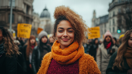 A woman in a yellow scarf smiles at a protest. A diverse crowd with banners is behind her. Relevant for activism, feminism, social justice, and Women&rsquo;s Day (March 8).