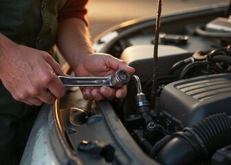 Obraz premium Mechanic using an adjustable wrench on a car engine during sunset