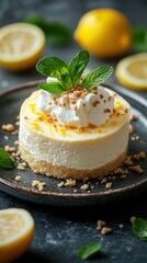 Delightful lemon cheesecake garnished with whipped cream and mint on a textured plate