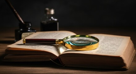 Magnifying glass on open book with ink bottle and pen