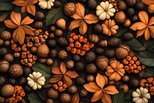 Autumnal nature themed decorative design with leaves, flowers, and nuts