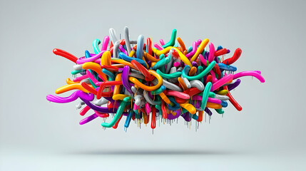 Abstract Pixelated Colorful Cluster Of Shapes Against A Neutral Grey Background