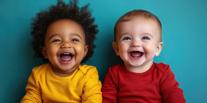 Two happy toddlers share joyful smiles against a vibrant blue background during a cheerful indoor session