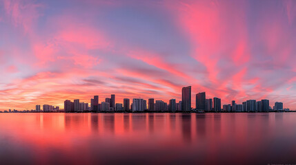 Obraz premium Panoramic View of City Skyline Reflected in Calm Water During a Vibrant Pink and Orange Sunset