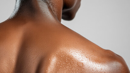 Fototapeta premium Close-up of a man's back showing glistening skin, emphasizing healthy skin texture and detail in a studio setting
