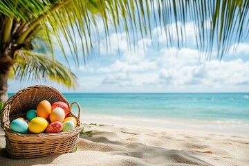 Obraz premium Easter eggs in palm trees on a sunlit tropical paradise beach
