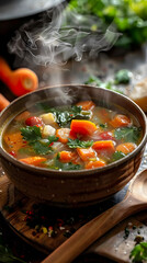 Hearty Vegetable Soup with Fresh Herbs and Rich, Flavorful Broth in a Rustic Setting