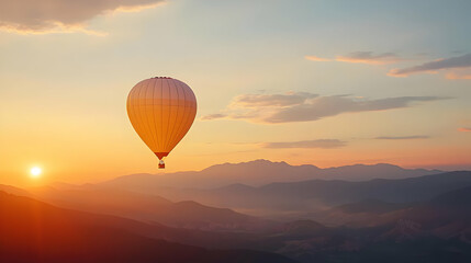 Obraz premium Hot Air Balloon Ascending Above Mountain Landscape During Sunset with Golden Light