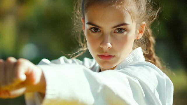 Pushing towards a young female martial artist in a white gi ready to throw a punch towards the camera with as wind gently blows strands of her hair.