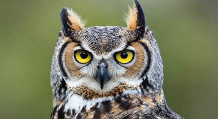 Fototapeta premium Close-up of great horned owl with piercing yellow eyes