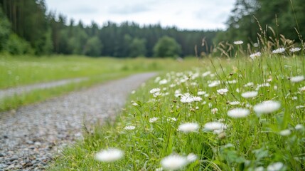 Gravel path through field, daisies, forest background, nature walk