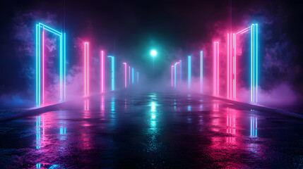 Abstract Neon Lit Pathway with Blue and Pink Vertical Lights Reflecting on Wet Surface