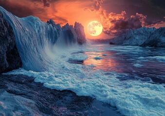 tidal wave on an alien planet, with alien moonsets reflecting in the monstrous water body