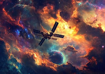 Naklejka premium space station orbiting a distant planet against the backdrop of a vibrant nebula