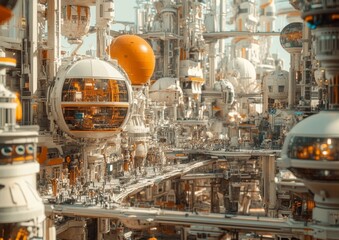futuristic space colony on Mars, highlighting a bustling city life with advanced transportation systems