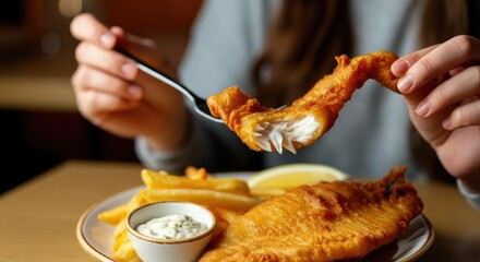 Woman enjoying crispy fried fish and chips with tartar sauce