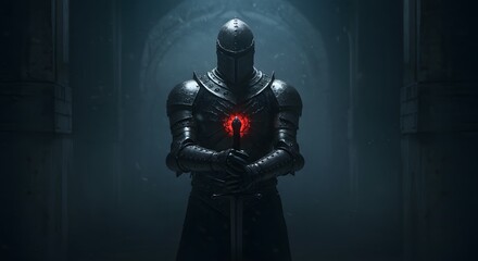 Naklejka premium Dark Knight Standing Guard with Glowing Sword in Medieval Fortress