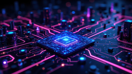 Close-up image of a motherboard with vibrant neon lights highlighting electronic components, illustrating modern technology and data processing.