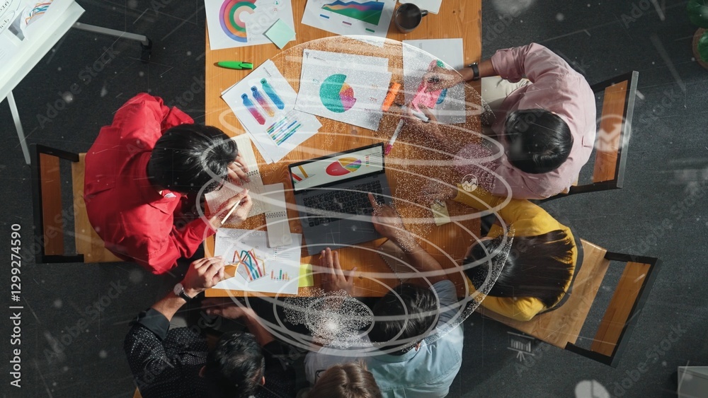 Poster top view of business people working financial graph with global networking. smart manager working to