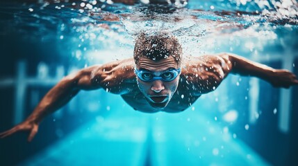 Fototapeta premium A dedicated athlete propels himself forward underwater, showcasing powerful strokes and intense focus. The bright blue hues create a mesmerizing backdrop, highlighting his impressive form